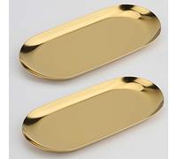 Set di 2 vassoi decorativi in acciaio inox, lunghezza 17,8 cm, per gioielli, cosmetici, organizer da bagno, piatti da portata, vassoio piccolo, ovale, oro