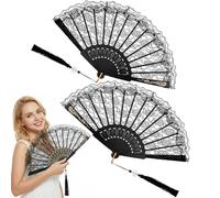 Set di 2 ventagli in tessuto nero con pizzo, da donna, vintage