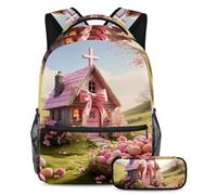 Set di 2 zaini alla moda, zaino perfetto per ragazzi, ragazze e adolescenti, borsa da viaggio ideale per studenti, casa croce pasquale rosa, Multicolore, B：29.4x20x40cm P：19x7.5x3.8cm, Zaini Daypack