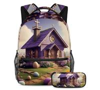 Set di 2 zaini da scuola alla moda per ragazzi ragazze adolescenti, una borsa da viaggio indispensabile per gli studenti!, casa con croce pasquale viola, Multicolore, B：29.4x20x40cm P：19x7.5x3.8cm,
