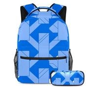 Set di 2 zaini da scuola per ragazzi ragazze adolescenti, zaino con astuccio, borsa da viaggio per studenti, motivo geometrico quadrato blu, Multicolore, B:29.4x20x40cm P:19x7.5x3.8cm, Zaini Daypack