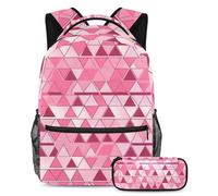 Set di 2 zaini per bambini alla moda per ragazzi ragazze adolescenti, perfetta borsa da viaggio con astuccio, triangolo rosa geometrico, Multicolore, B:29.4x20x40cm P:19x7.5x3.8cm, Zaini Daypack
