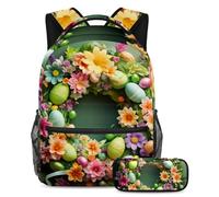 Set di 2 zaini per bambini con astuccio, zaino di grande capacità per ragazzi ragazze adolescenti, ghirlanda di Pasqua verde felice, Multicolore, B:29.4x20x40cm P:19x7.5x3.8cm, Zaini Daypack
