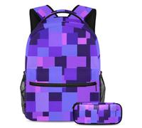 Set di 2 zaini per la scuola, grande capacità, con astuccio, per ragazzi, ragazze, adolescenti, motivo geometrico quadrato viola, Multicolore, B:29.4x20x40cm P:19x7.5x3.8cm, Zaini Daypack