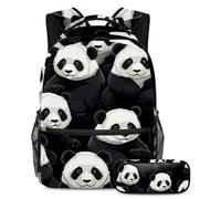 Set di 2 zaini per la scuola per bambini con grazioso panda pronto all'avventura, con zaino grande capacità e astuccio per ragazzi, ragazze e adolescenti, Multicolore#01, B:29.4x20x40cm\