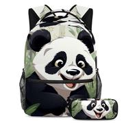 Set di 2 zaini per la scuola per bambini con grazioso panda pronto all'avventura, con zaino grande capacità e astuccio per ragazzi, ragazze e adolescenti, Multicolore#02, B:29.4x20x40cm\