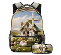 Set di 2 zaini per la scuola, per ragazzi, ragazze e adolescenti, borsa da viaggio alla moda per studenti, casa con croce pasquale bianca, Multicolore, B：29.4x20x40cm P：19x7.5x3.8cm, Zaini Daypack