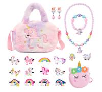 Set di 20 borse a tracolla in peluche per ragazze, pony, borsa a tracolla regolabile, corda per capelli e clip, collana, braccialetto, orecchini, set di accessori per ragazze e regali di compleanno
