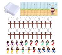 Set di 20 figurine bibliche in miniatura con croci di legno e preghiera, aiuti didattici per bambini, artigianato religioso, ciondoli religiosi in PVC per bambini