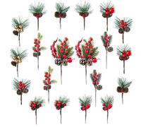 Set di 20 plettri artificiali a forma di pigna e bacche rosse, per decorazioni natalizie, dimensioni miste per alberi, tavoli, ghirlande e regali