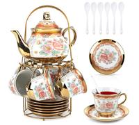 Set di 20 tazze da tè in porcellana, set di 6 tazze da tè e piattino, in ceramica europea, con supporto in metallo, set da 180 ml, per donne, matrimoni, feste, teiera da 700 ml