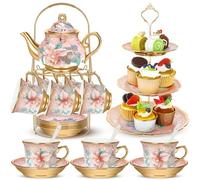 Set di 21 teiere in porcellana per feste, con supporto in metallo e supporto per cupcake, in ceramica, per donne, ragazze, feste europee, matrimoni, regali (rosa, primavera)
