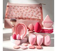 Set di 22 accessori per il trucco con pennello singolo per il viso, spugne di bellezza di varie forme a cuore, triangolo e rotonde, puff in velluto per cipria, ciotola in silicone rosa per pulire i pe