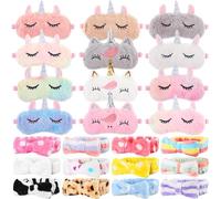 Set di 24 accessori per pigiama party inclusi 12 maschere unicorno e 12 fasce per capelli con papillon per lavare il viso, maschera per dormire, fascia elastica per la cura della pelle, confezione da
