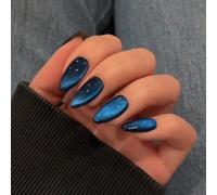 Set di 24 adesivi per unghie in acrilico a forma di mandorla con effetto occhio di gatto blu cristallo 2K, include 1 pezzo di gel jelly e 1 lima per unghie Blocchi di colore,Colore unicoABS,Gelatina,C