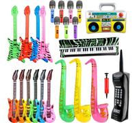 Set di 24 giocattoli gonfiabili Rock Star con 7 microfoni gonfiabili, 6 chitarre, 3 sassofono, 4 bassi, 1 boom box, 1 pianoforte, 1 telefono cellulare, 1 pompa ad aria per feste di carnevale