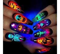 Set di 24 pezzi di design per Halloween con scheletri inquietanti, zucche divertenti e disegni di pipistrelli fantasma unghie finte ragnatela unghie finte scheletro di Halloween