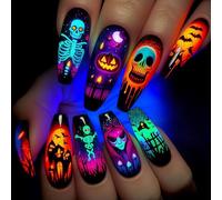 Set di 24 pezzi di design per Halloween con scheletri inquietanti, zucche divertenti e pipistrelli fantasma disegni ragnatela unghie finte scheletro di Halloween finto premere su