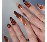 Set di 24 punte per unghie finte, colore marrone, leopardato, da incollare, con fiori e adesivi