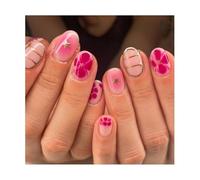 Set di 24 toppe per nail art a forma di fiore rosa, unghie finte riutilizzabili a forma di mandorla con filo dorato, vestibilità naturale, nail art fai da te facile