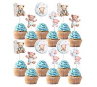 Set di 24 topper per cupcake con orsetti blu, decorazione per bambini, per baby shower, gender reveal, battesimo, muffin e decorazioni per torte, a tema compleanno