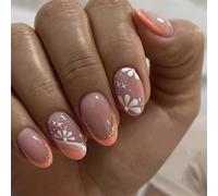 Set di 24 unghie a mandorla alla moda con punte francesi e disegni floreali, facili da usare