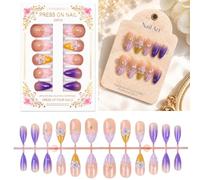 Set di 24 unghie a pressione a forma di sirena con intaglio 3D, texture a conchiglia e dettagli a forma di stella marina, a mandorla con punta francese, finitura lucida e strass per manicure elegante