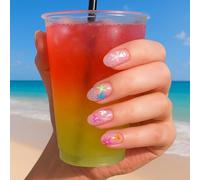 Set di 24 unghie a pressione a tema oceano con design a stella marina e corallo, unghie finte corte in ABS lucido per feste in spiaggia, facili da applicare, ideali per creare un simpatico look