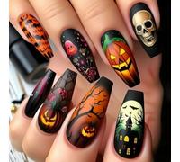 Set di 24 unghie di Halloween con scheletro di zucca e motivi Web per accessori festivi facile da applicare Halloween premere sull'unghia