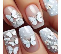 Set di 24 unghie finte 3D a farfalla per unghie bianche nude ombre adesive per unghie in acrilico da donna, per primavera, estate, accessori per unghie