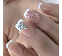 Set di 24 unghie finte a farfalla francese, con unghie artificiali in ABS di diverse dimensioni, per un look elegante tutto il giorno