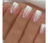 Set di 24 unghie finte a forma di bara di media-lunga lunghezza, super lucide, stile manicure francese con sfumature rosa glitter, unghie artificiali, unghie finte, dolci, carine, minimaliste, elegant