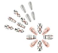 Set di 24 unghie finte natalizie glitterate lunghe e quadrate a pressione con strisce per manicure