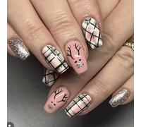 Set di 24 unghie finte natalizie glitterate lunghe e quadrate a pressione con strisce per manicure