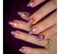 Set di 24 unghie finte per Halloween, polvere glitterata con zucca, design fantasma, ABS, da donna, per Halloween