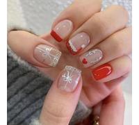 Set di 24 unghie finte quadrate corte con fiocchi glitterati argentati, a pressione, per feste natalizie, nail art in acrilico