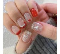 Set di 24 unghie finte quadrate corte con fiocchi glitterati argentati, per feste natalizie