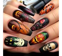 Set di 24 unghie finte staccabili per Halloween, con disegni di zucca e ragnatela, per raduni da donna e da indossare tutti i giorni, facili da applicare, per Halloween, stampa sulle unghie