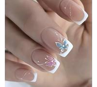 Set di 24 unghie per manicure francese, linea a farfalla, per una lunga durata, accessori per manicure, da premere sul chiodo