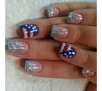 Set di 24 unghie quadrate a pressione con stelle e strisce patriottiche con glitter blu e rossi da attaccare sulle unghie