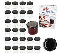 Set di 25 barattoli in vetro per marmellata da 125 ml a 66, coperchio nero con ricettario