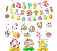 Set di 25 decorazioni per feste di Pasqua, include striscione con lettere di buona Pasqua, piccolo striscione, biglietti da appendere su entrambi i lati, ornamenti a spirale e centrotavola a nido