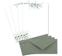 Set di 25 fogli per lettere, formato DIN A4, carta naturale in color crema con rami di eucalipto, con buste formato DIN lungo di colore verde eucalipto, stampabile, ideale per inviti di matrimonio