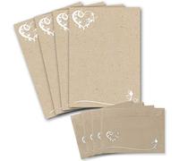 Set di 25 fogli per lettere, formato DIN A4, effetto carta kraft con ornamento floreale a forma di cuore, con buste abbinate, DIN C6, in carta da lettere stampabile, ideale per inviti di nozze