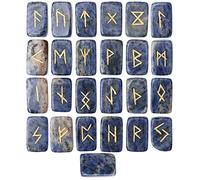 Set di 25 rune rettangolari in sodalite con incisione dell'alfabeto Futhark anziano, set da 25 pezzi, set di rune per divinazione, guarigione metafisica, chakra, reiki, set con sacchetto Dimensioni: