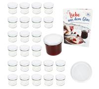 Set di 25 vasetti in vetro da 125 ml vetro, To 66, barattoli per conserve e marmellate, con coperchio bianco e quaderno di ricette