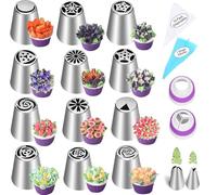 Set di 27 beccucci russi per decorare torte, riutilizzabili, tra cui 12 ugelli per glassa a forma di fiore per cupcake, dispenser per glassa, punte per foglie, 2 accoppiatori, 11 sac à poche