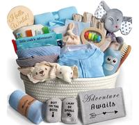 Set di 27 cesti regalo per baby shower per ragazzi, essenziali per neonati, set di cestini regalo per neonati, articoli essenziali, regali per rivelare il genere, fascia sonaglio, blu, ricerca lista