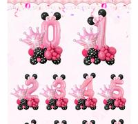 Set di 28 palloncini a numero da 32 pollici, nero e rosa, include numeri da 0 a 9, palloncini a corona rosa, palloncini in lattice rosa acceso e neri a pois, adatti per feste di compleanno a tema rosa