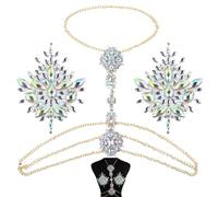 Set di 3 adesivi per petto con strass, gemme adesive glitterate per il seno e catena per il corpo con strass a strati, catena per la vita con strass colorati scintillanti, decorazione artistica per